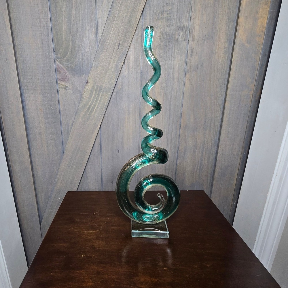 Spiral Glass Sculpture Art Teal Gold Glitter Modern Decor Murano Style Handblown